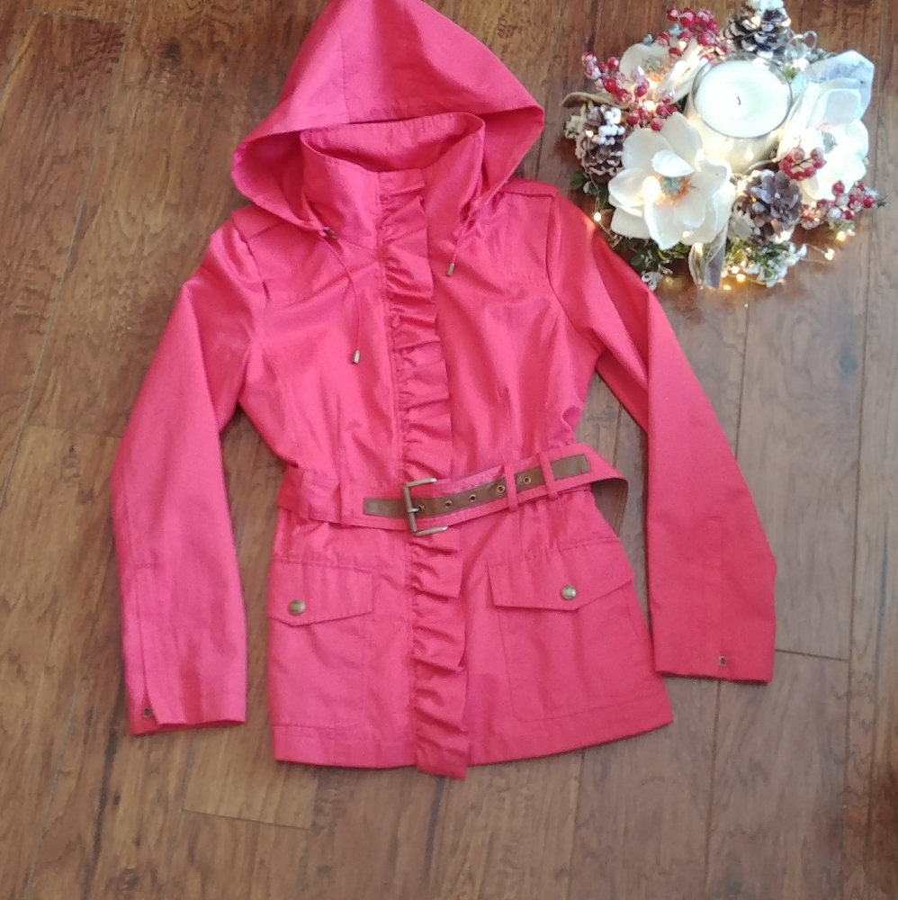 Guess Pink Ruffle Belted Fall Jacket. Medium